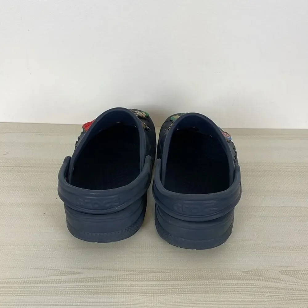 Crocs Youth 4-6 Blue Clog Sandals With Charms Casual Lightweight Beach Shoes